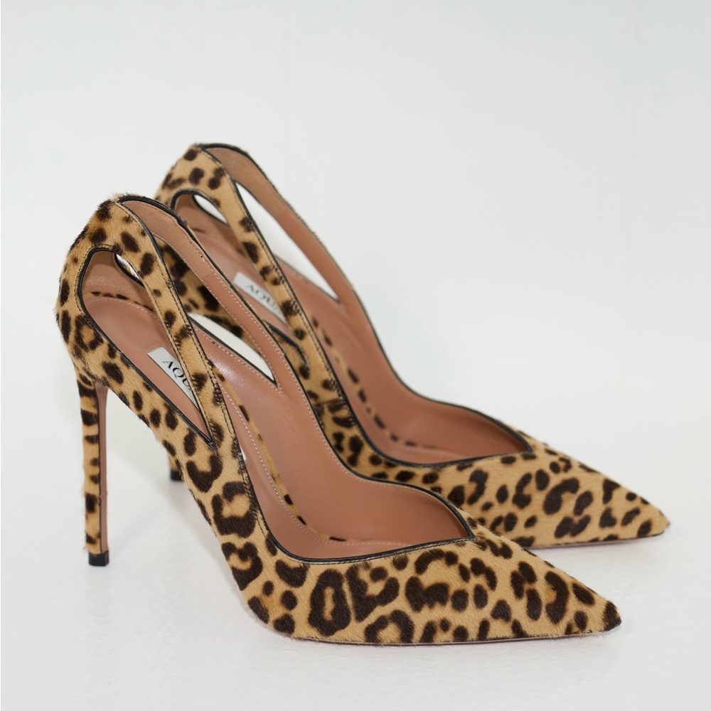 Aquazzura Sheeva Leopard Natural Pony Hair Print Cut-Out Heels 105mm Size 39 NEW - Picture 9 of 16